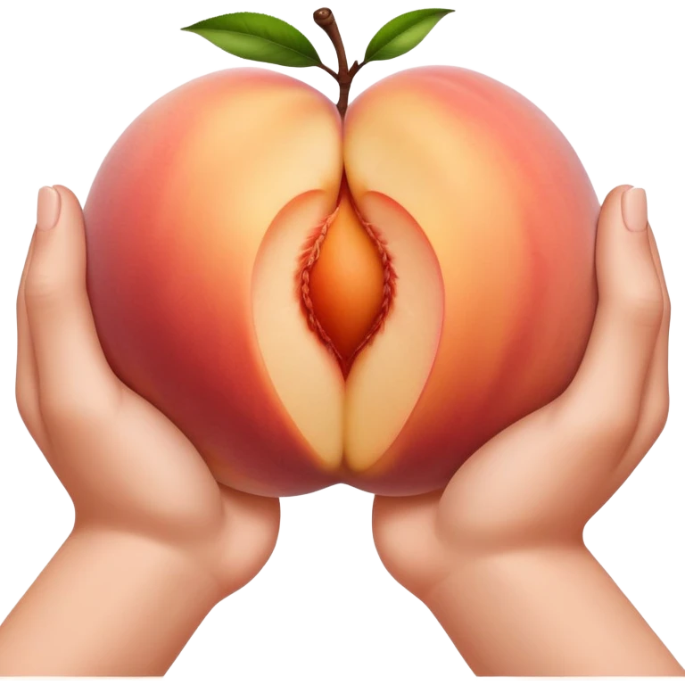 two brown hands parting a large white peach emoji