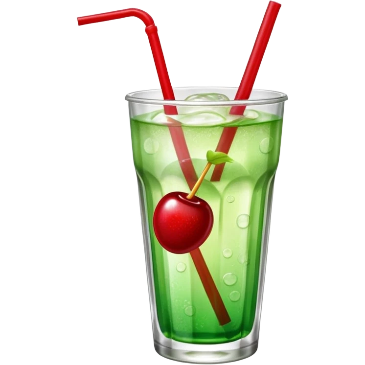 Create an emoji with a clear rounded glass, bright transparent green soda with fine bubbles, a smooth vanilla scoop on top, a glossy red cherry, and a red straw, using vibrant colors, soft shading, and clear glass highlights.
 emoji