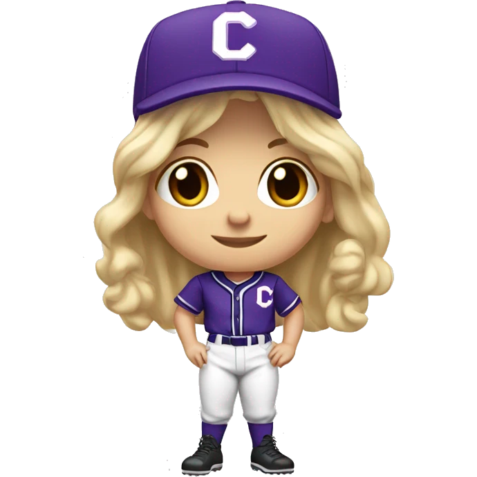 baseball card character. Blonde female long shoulder length hair. letter C logo. white and purple uniform. emoji