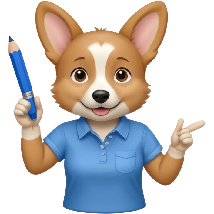 perrita caricatura gorgi gales trabajadora con camiseta celeste apuntando con un lapiz hacia el costado izquierdo emoji