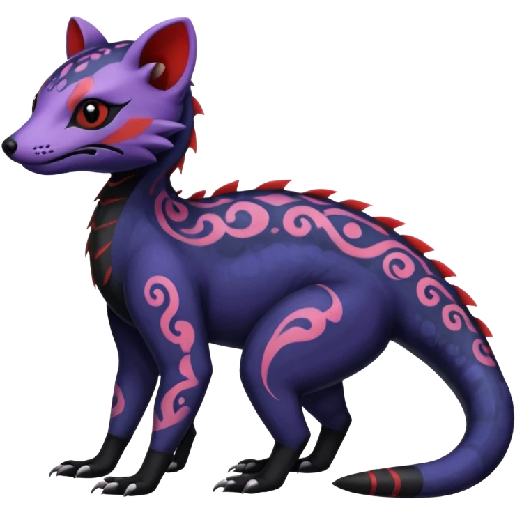 Rare warm-colored exotic gloomy tropical edgy cute epic aesthetic spooky indigo violet white black red gothic colorful Salandit-Noibat-Civet-species-Fakemon-hybrid-creature, with tribal tattoo markings, full body emoji