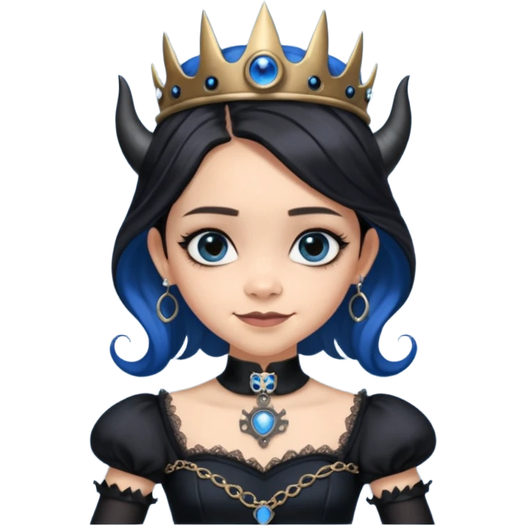 Tight fitting relaxed dressed, Holey and worn black evening gown with see-through wispy black gloves, holding arms-crossed in front smiling cute pose witchy mysterious Jenna Ortega as student Addams woman wearing a steampunk style mini tiara, very large blue evil-looking horned old evil eyes  emoji