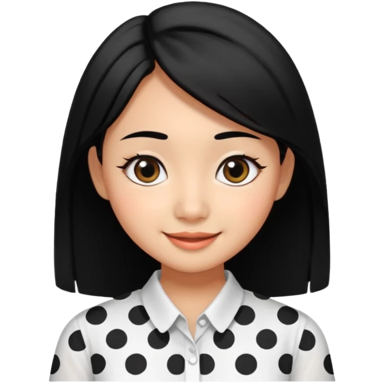 20 yr old asian woman hair  center part big eyes big smile tanned skin straight black hair hippie part hair white blouse with black dots emoji