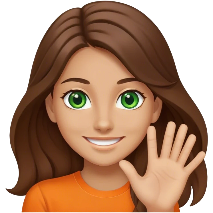 smiling girl with long brown hair, middle hair split, waving, green eyes, orange shirt emoji