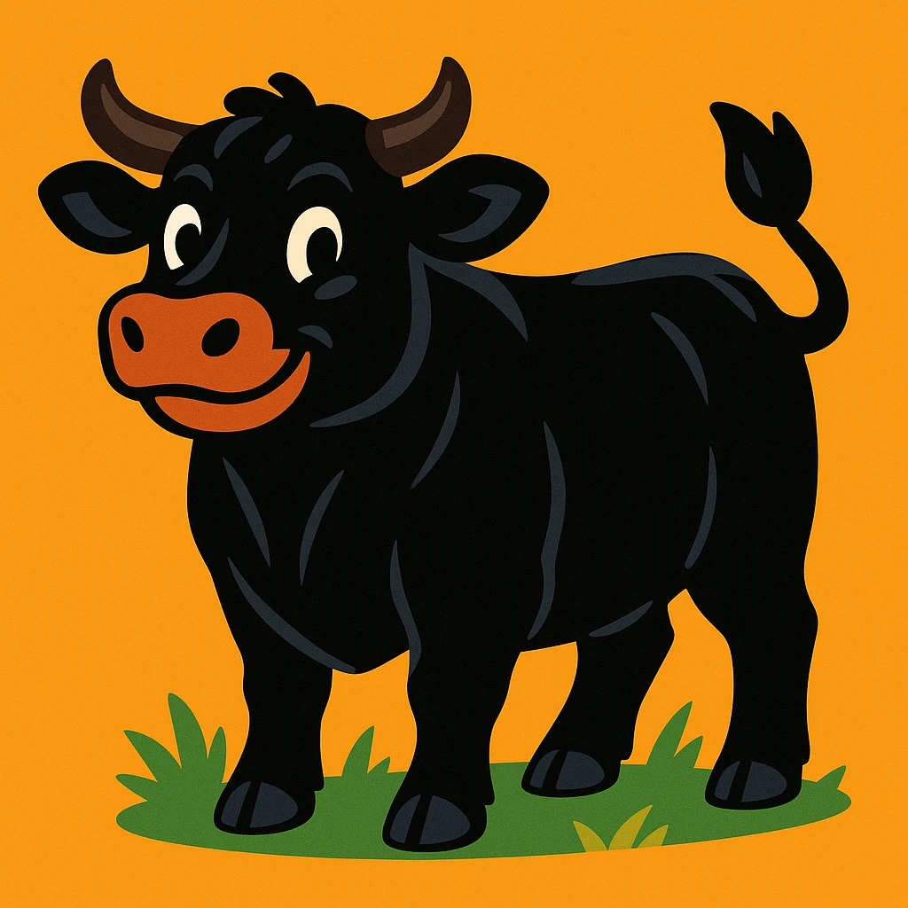 Aberdeen Angus cow, cartoon style, black with white highlights, friendly expression emoji