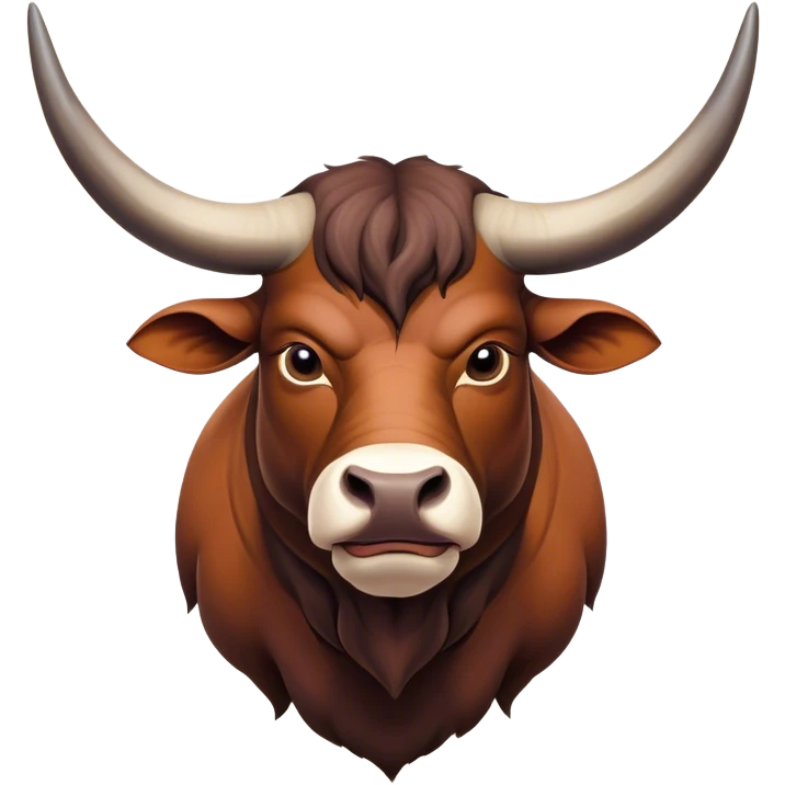 Cinematic Noble Domestic Ox Portrait Emoji, Poised and stalwart, with a massive, muscular build and a thick, smooth hide in deep earthy tones, prominent, curved horns, and steady, soulful eyes, Simplified yet sharp and sophisticated features, highly detailed, glowing with a warm, dignified glow, high shine, intelligent and dependable, stylized with an air of timeless strength, focused and attentive, soft glowing outline, capturing the essence of a watchful and confident ox that feels as though it could plod out of the screen with effortless authority! emoji