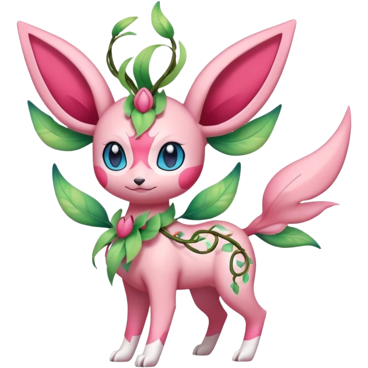 Rosy floral romantic cute Sylveon-Celebi-Leafeon-Pokémon-Digimon-Fakémon-hybrid-fusion-creature with vines entangled around emoji