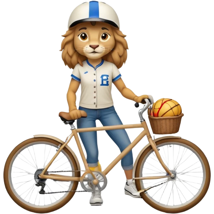 confident anthropomorphised female lion wearing a baseball shirt, jeans, trainers, and a cycling helmet, riding a bicycle emoji