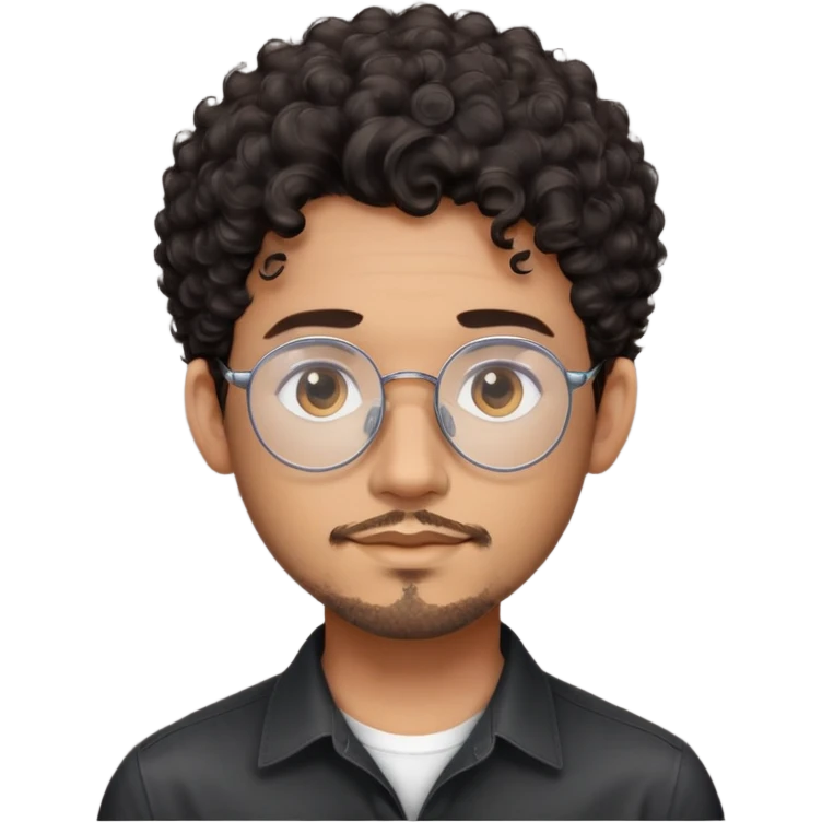 Man with oval-shaped face, large oval metallic glasses, dark curly short hair with high fade, light brown complexion, gentle expression, black button-up shirt emoji