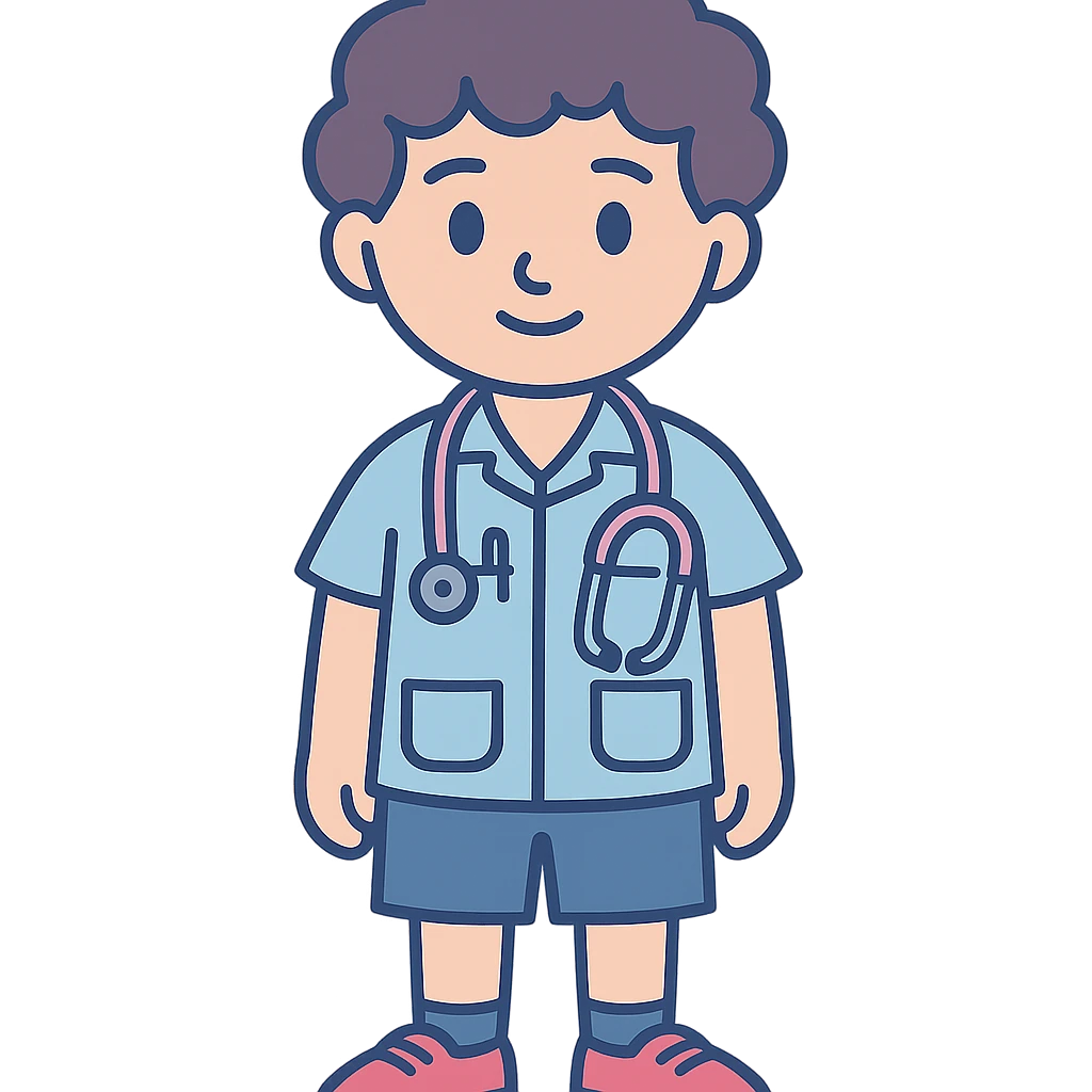 children's game style 2D character, young boy doctor, 8–10 years, soft facial features, big brown eyes, curly brown hair, light blue pediatrician shirt with pockets (pen and tongue depressor), pink and silver stethoscope, blue knee-length shorts, red sneakers, black socks, soft lighting, vibrant, wholesome, friendly emoji