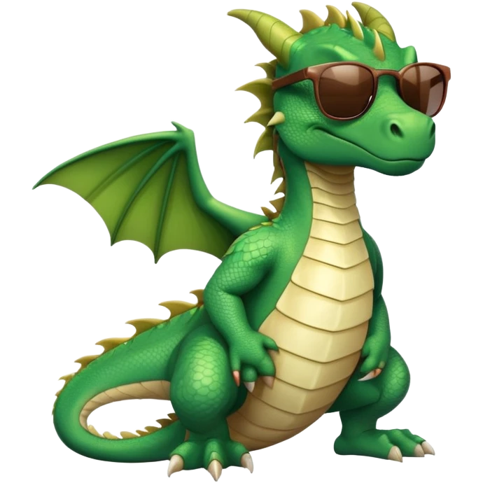 friendly anthropomorphised green dragon in a sports t-shirt and jeans with dark sunglasses, relaxed pose emoji