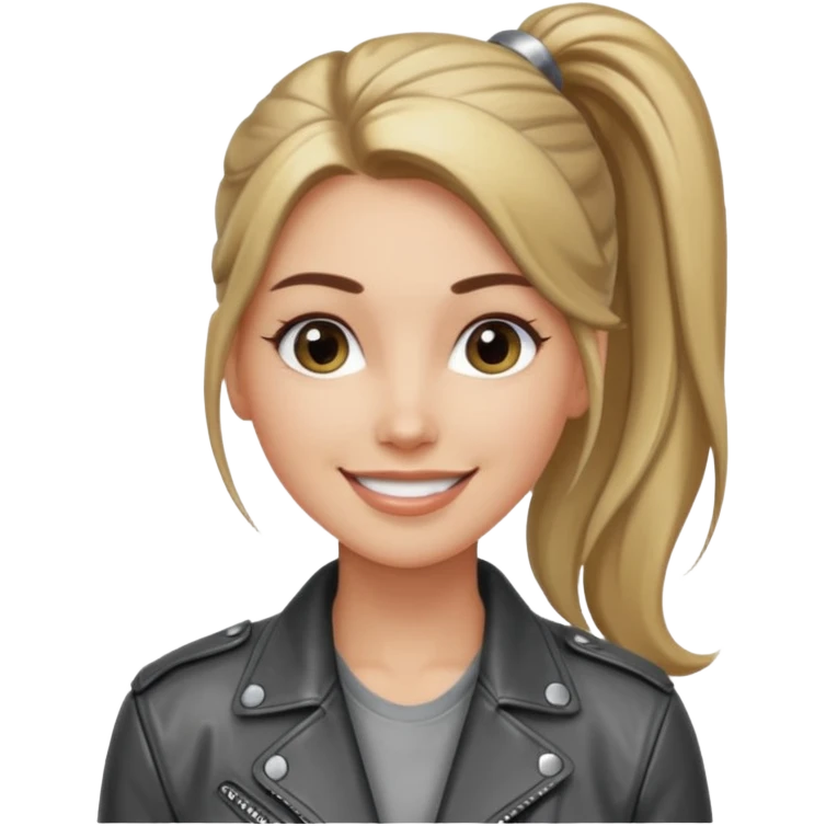 A cool woman with long hair tied in a ponytail, sparkling gray eyes, and smooth, fair skin; very beautiful. emoji