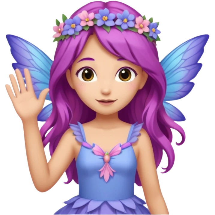 Tan female fairy, long purple hair, flowers on head, large pastel pink blue and purple wings, wearing a, pastel pink dress, Waving with one hand emoji