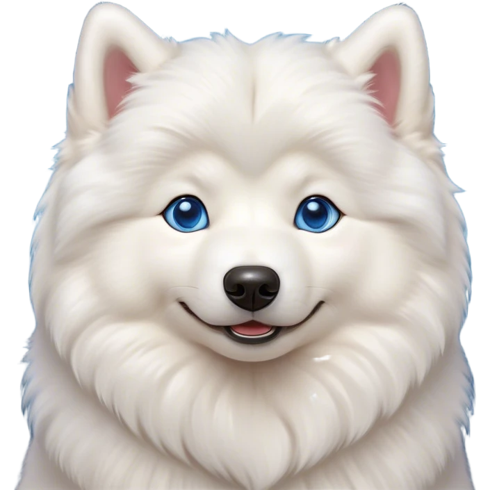 Cinematic Cute Samoyed Portrait Emoji, Head tilted playfully and inquisitively, featuring a fluffy, pristine white Fur with a natural sheen, round, sparkling blue eyes filled with curiosity, Simplified yet irresistibly adorable features, highly detailed, glowing with a warm, friendly glow, high shine, affectionate and lively, stylized with a touch of whimsy, bright and endearing, soft glowing outline, capturing the essence of a mischievous yet loving companion, so playful it feels like it could frolic out of the screen and into your arms! emoji