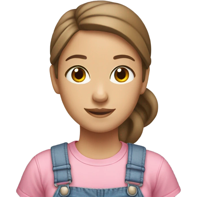 A white woman with brown hair in pony tail wearing white headband, pink t shirt and overalls  emoji