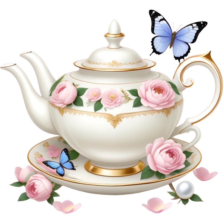 A luxurious Victorian tea set with gold accents, featuring a porcelain teacup filled with herbal tea, surrounded by scattered blush pink rose petals and white peony blossoms, with a periwinkle-tinted pearl butterfly perched on the rim. emoji
