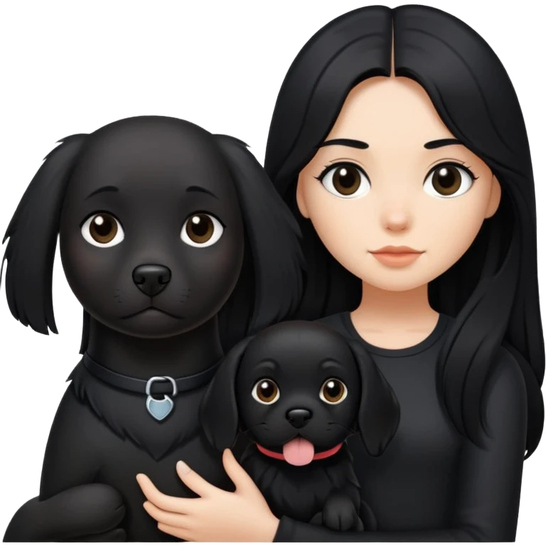 A girl with long black hair wearing black clothes holding a black dog in one hand emoji