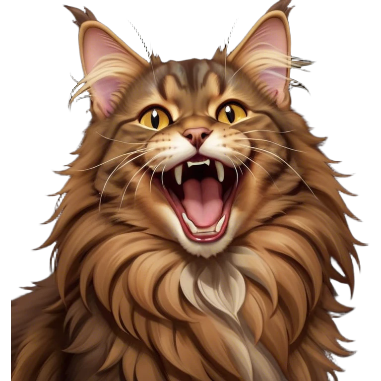 Cinematic Cute Brown Maine Coon Cat Portrait Emoji, Head tilted playfully while yawning exaggeratedly, sleek brown and black fur with a majestic mane, Simplified yet hilariously adorable features, highly detailed, glowing with a warm, confident glow, high shine, mischievous yet lazy, stylized with a touch of playful whimsy, bright and endearing with a comical, yawning expression, soft glowing outline, capturing the essence of a quirky yet loving and lazy kitty, so meme-worthy it feels like it could stretch out of the screen and demand attention in the most dramatic way! emoji