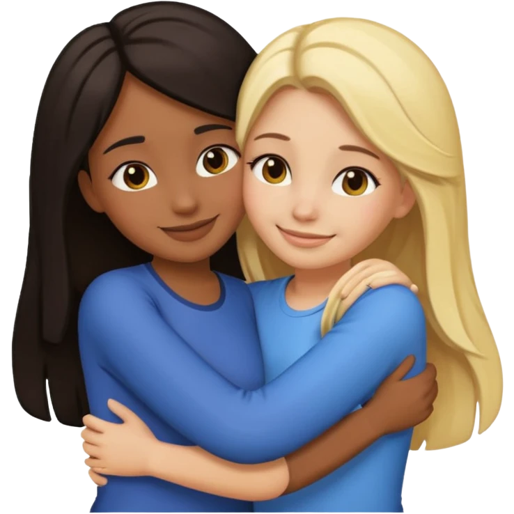 two girls hugging, one with dark hair and one with blonde hair, best friends, emoji style emoji