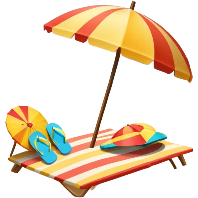 Icon for Beach Tourism: a sandy beach with a sun umbrella and flip-flops, with the ocean landscape in the background. The icon should capture the relaxation and fun of a beach vacation. Transparent background emoji