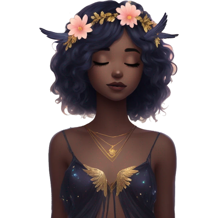Black Raven wings bohemian girl Ethereal galaxy constellation girl angel raven wings black wings, gold arrow, nebula, flower crown, fairy lights, iridescent emoji