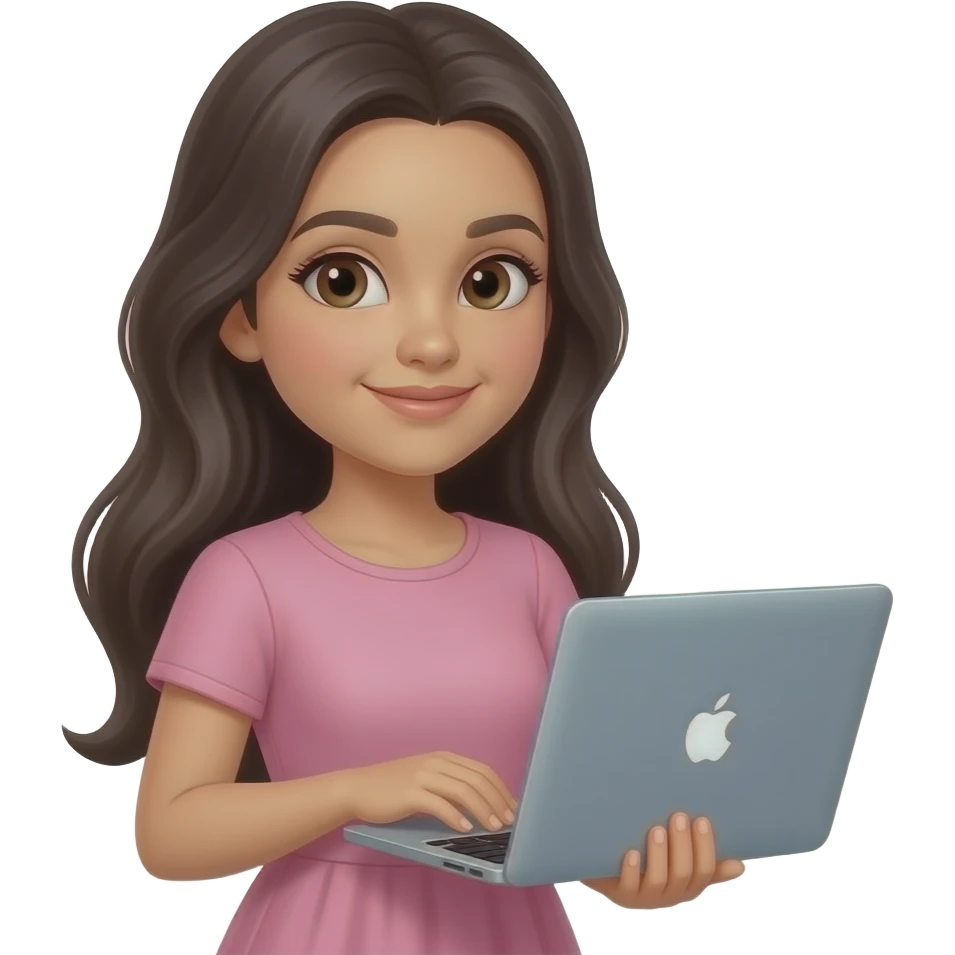 Girl Latina with long dark hair no bangs, brown eyes, wearing a pink dress and using MacBook emoji