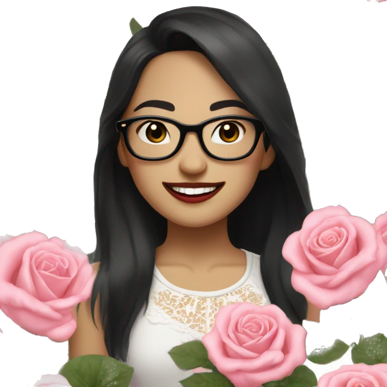 Asian girl, smiling with teeth, fair skin, black long hair, black eyes, black glasses with gold frames, red lipstick, wearing a white lace tank top and a black office jacket on top, with pink and red roses around her. emoji