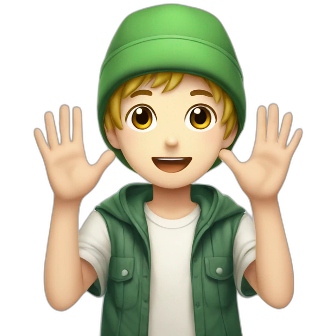 a anime boy wearing a green hat and holding his hands up, a digital rendering, remodernism, and celebrate emoji
