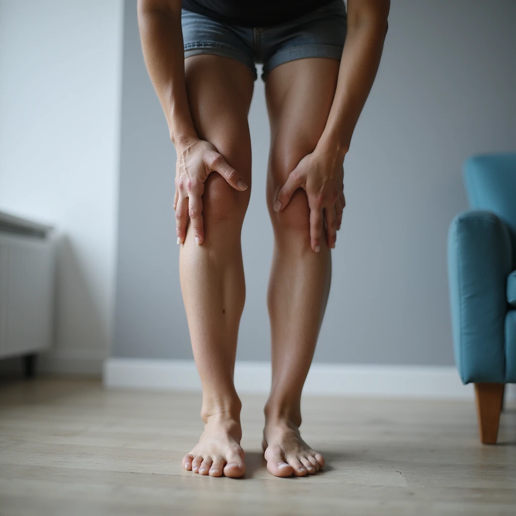 woman standing with one hand on knee and one on foot, suffering expression, pain caused by orthotic insole, realistic style, clinical environment emoji