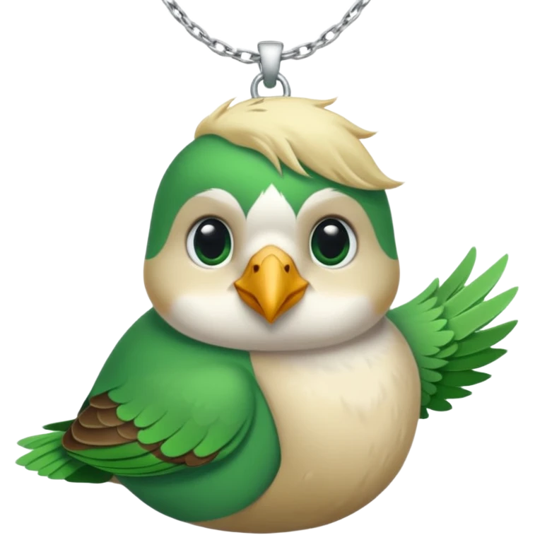 un oiseau classique tout vert avec un collier autour de son cou avec des breloque argentées et un seul poil blond qui fait une petite bouclette sur le front le collier est autour de son cou emoji