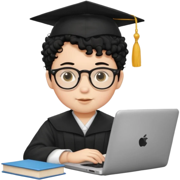 A baby boy DEVELOPER WITH A laptop, black curly hair and topknot, wearing glasses and a mortarboard emoji