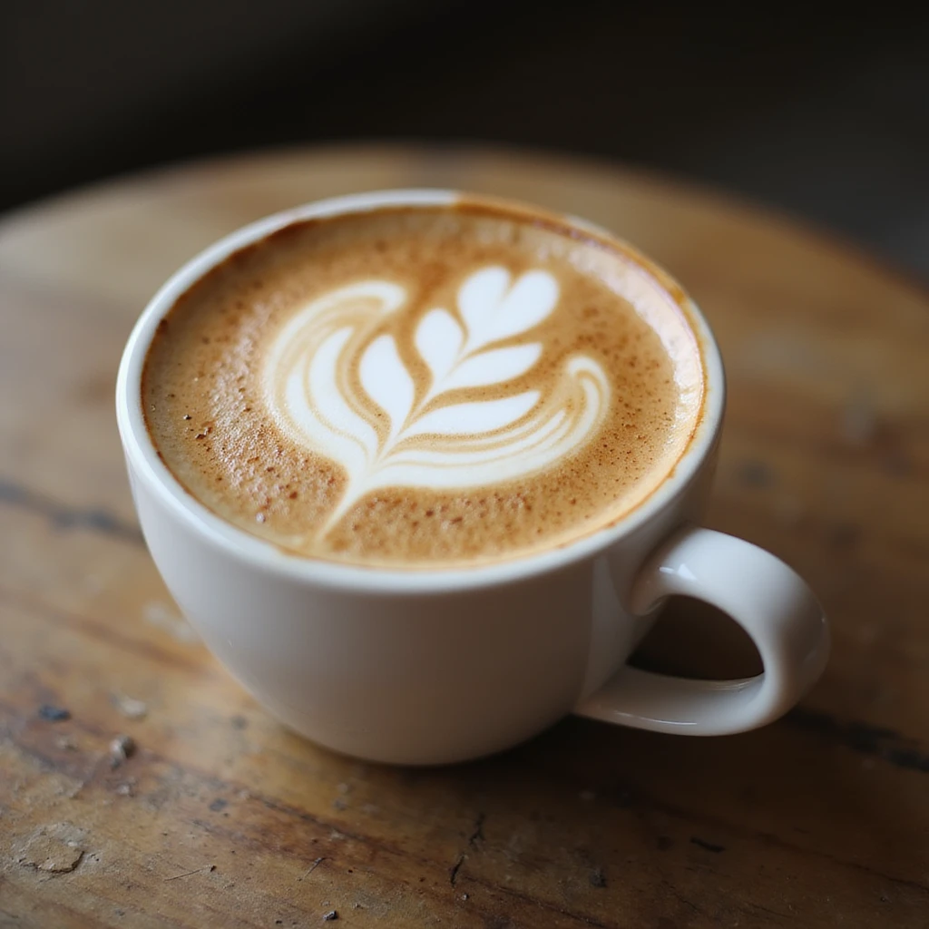 cafe latte with latte art print, realistic texture, gentle lighting emoji