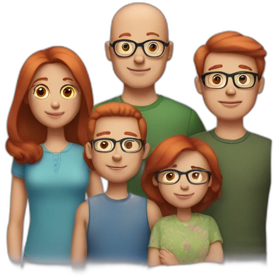their family consists of 3 people - a mother with red hair, a father with brown hair on the sides and a small bald spot in the center, a 12-year-old boy with brown hair in glasses emoji