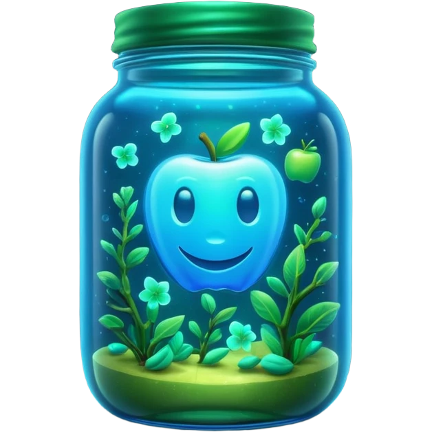 3D render of Firefly Jar, bioluminescent deep sea style, glowing neon blue and green lights, dark background to contrast the glow, translucent organic textures, Apple emoji style. emoji