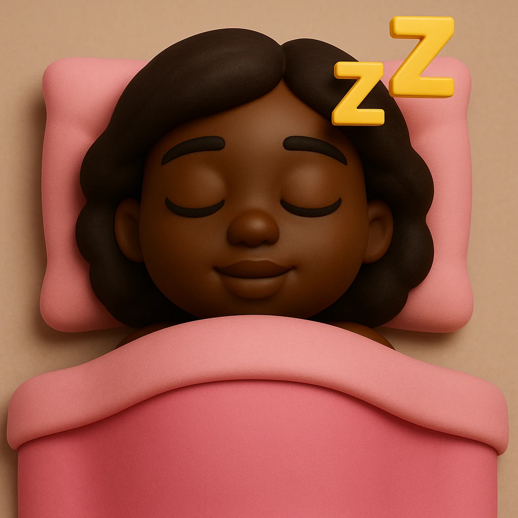 dark skin girl sleeping under pink covers, 3D emoji style emoji