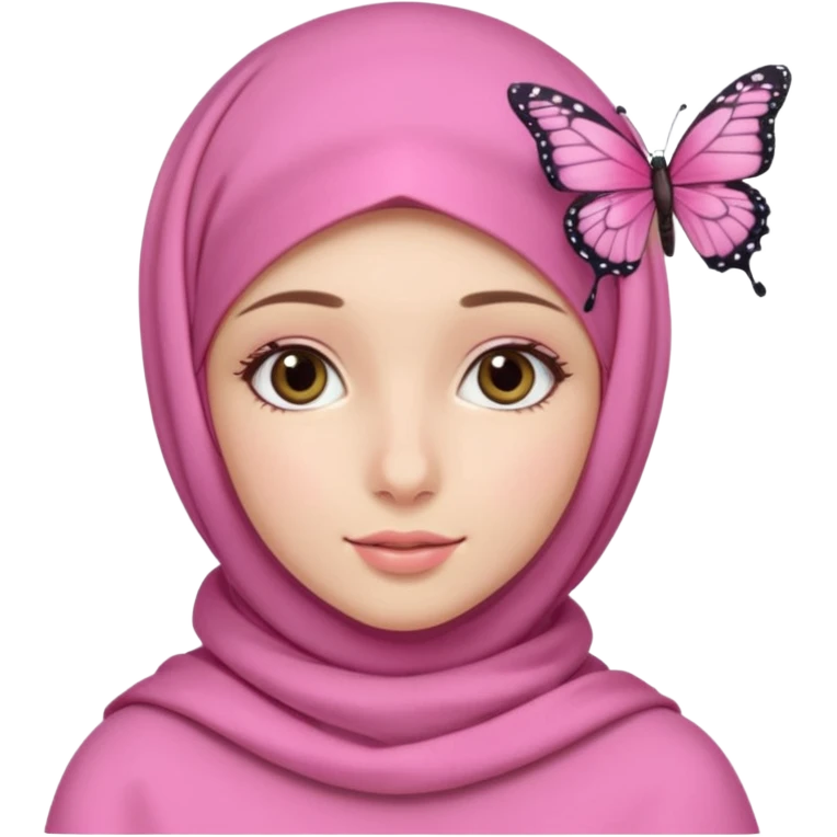 apple style emoji of a girl with a pink hijab styled fashionably, butterfly hairclips on both sides, ASMR creator theme, soft and calming vibe emoji