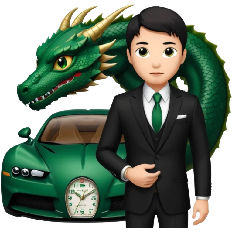 mysterious scenery: green audemars piguet watch (without text), black bugatti, and a dark green dragon, and a mysterious chinese agent from The Matrix with his eyes censored emoji