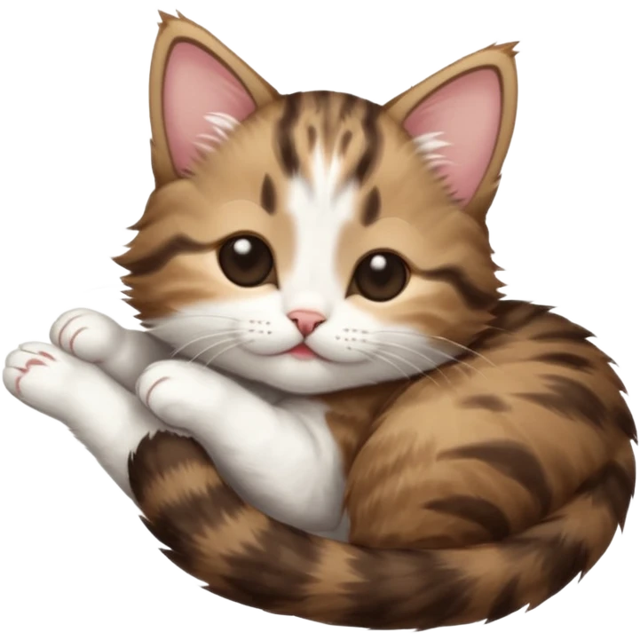 dark brown tabby and white kitten eyes closed whilst in funny positions stretched out and  upside down emoji