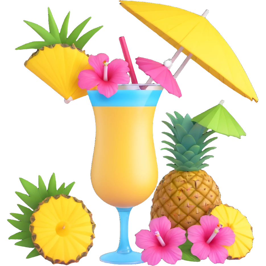 a pineapple and a vibrant tropical fruity blue cocktail with hibiscus, pineapple slice, and paper umbrella garnish emoji