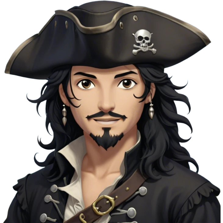 A charismatic pirate with wavy black hair that falls just past his shoulders, tousled slightly by the sea breeze. He wears a black tricorn hat with subtle silver embroidery along the edges, casting a shadow over his sharp, confident features. His piercing dark eyes glint with mischief as he gazes to the side, a knowing smile playing at his lips. His well-fitted black coat, adorned with polished silver buttons and intricate stitching, moves slightly with the wind, revealing glimpses of a deep-crimson waistcoat underneath. A silver chain dangles from his belt, catching the dim golden light of the setting sun. His posture is relaxed yet assured, exuding effortless charm as if he owns the sea itself. emoji