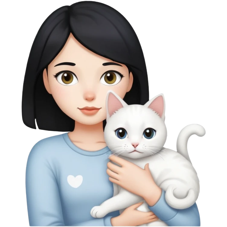 A black hair girl holding a white cat with grey spot emoji