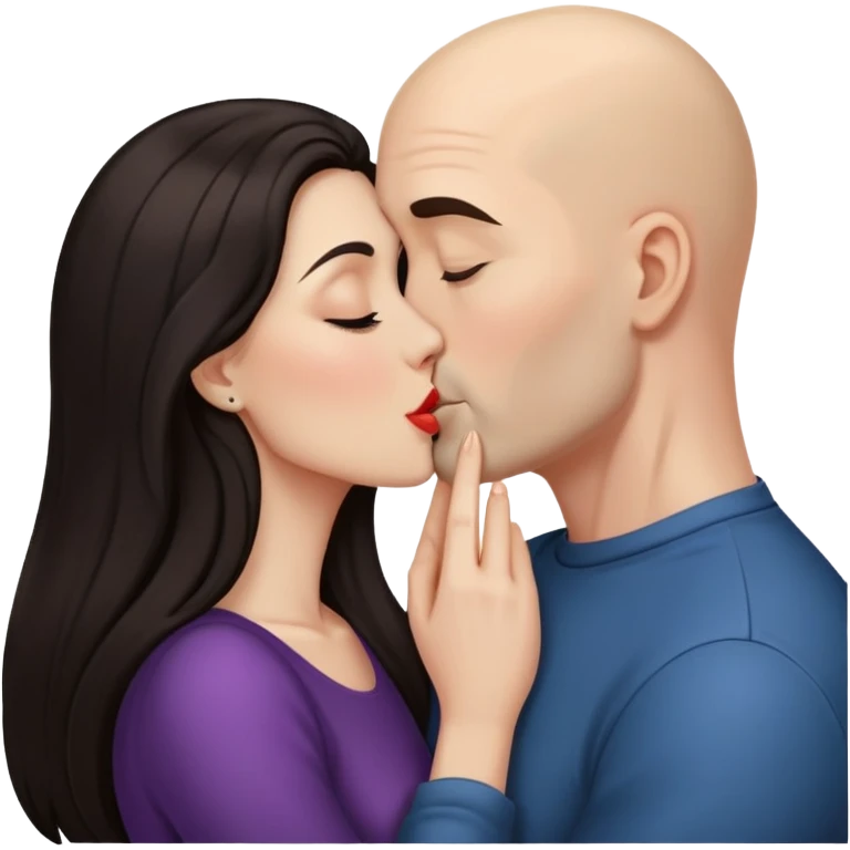 Beautiful woman with long dark hair, kissing a bald man emoji