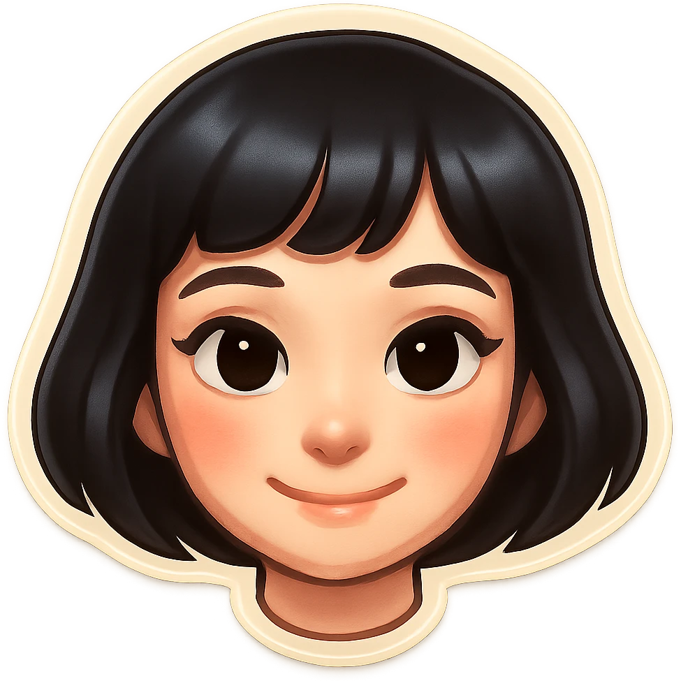 young very cute girl with pale skin, black bob haircut, light makeup, big kind eyes, soft smile, neat facial features, Telegram sticker style, head only without neck, white background emoji