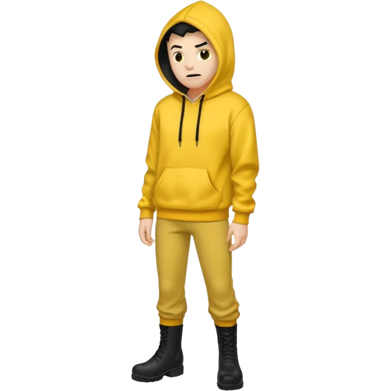 Invincible but whering a yellow hoodie and the mouth covered whering black pants and black boots emoji