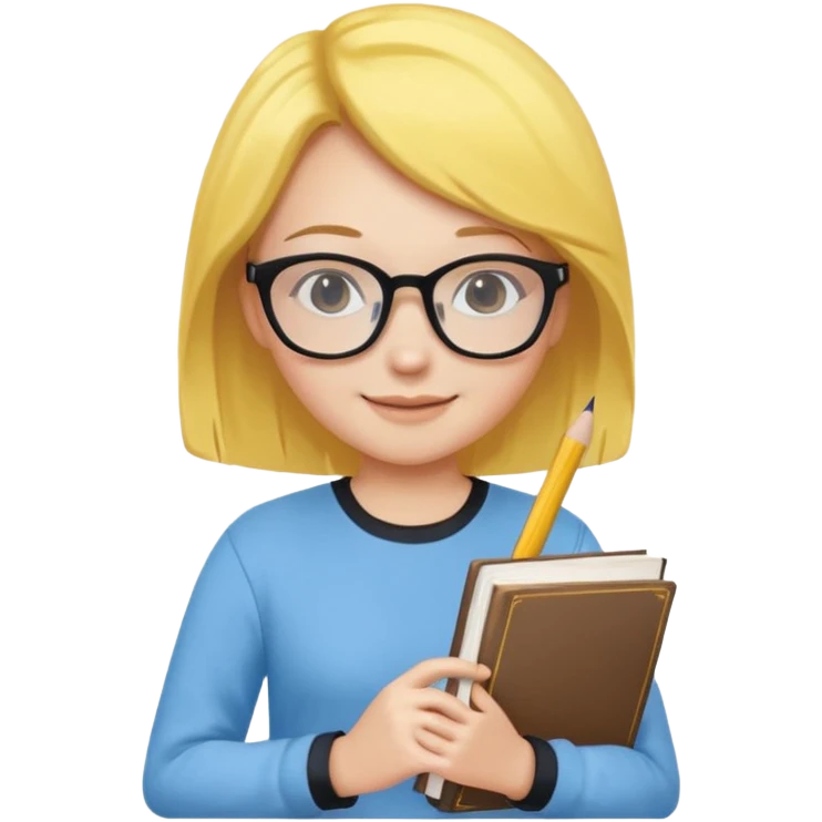 A smart and cute girl with yellow bobbed hair, wearing sky blue clothes,
I hold a book in one arm. There is a pen in the book.
He is wearing black-rimmed glasses and smiling brightly. emoji