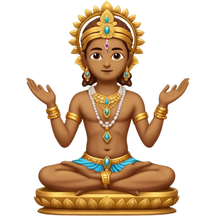 a golden statue of a Hindu deity seated in a cross legged posture with one hand in a blessing gesture, adorned with ornate jewelry�. The figure sits on a decorated pedestal, radiating a sacred and traditional aura�. emoji
