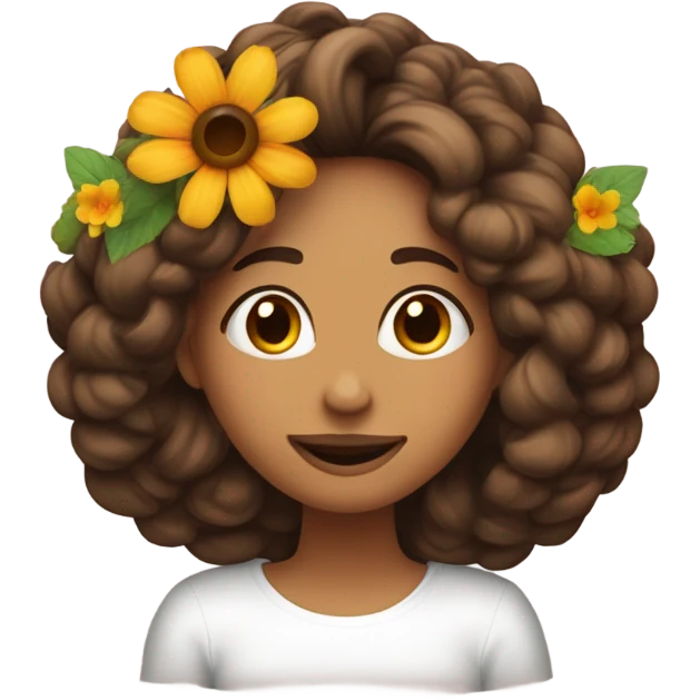 Mulher cabelos compridos lisos de cor castanho com flores sobre cabeça, jogando beijo de lado de coração emoji