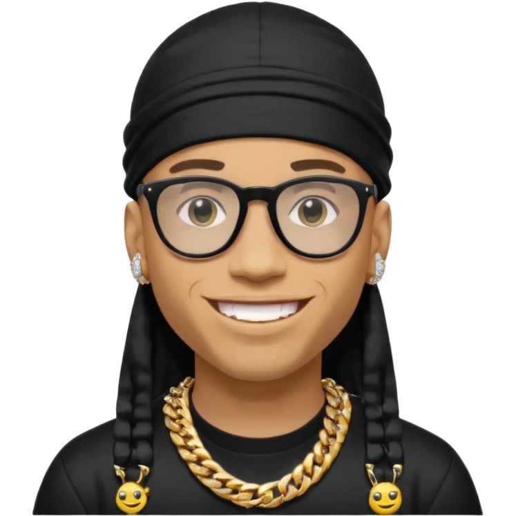 lightskin man with a black durag,a cuban link chain,glasses, and smiley diamond grillz emoji