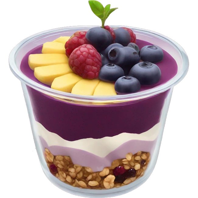 Açaí in a clear cup with layers of fruits and granola and condensed milk emoji