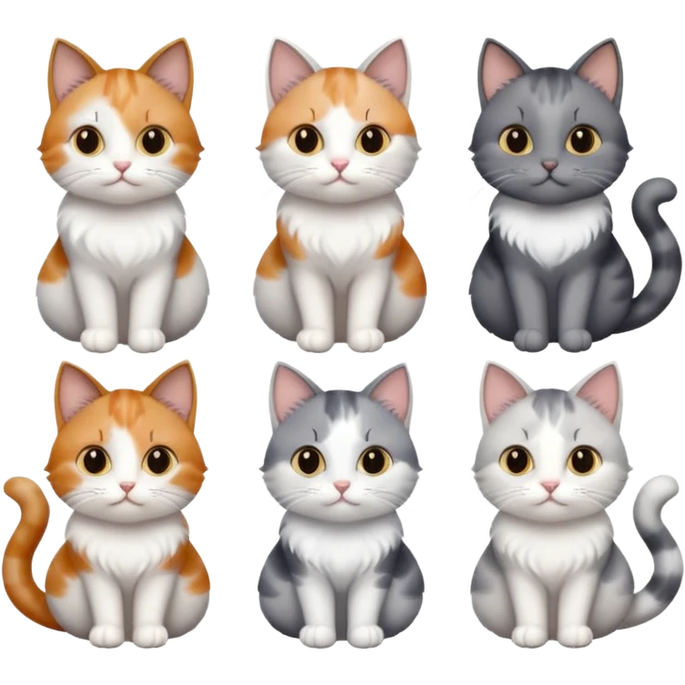 6 realistic looking cats with different natural coloured coats, assorted grey and white, greys, calico, brown and white colours etc
 emoji